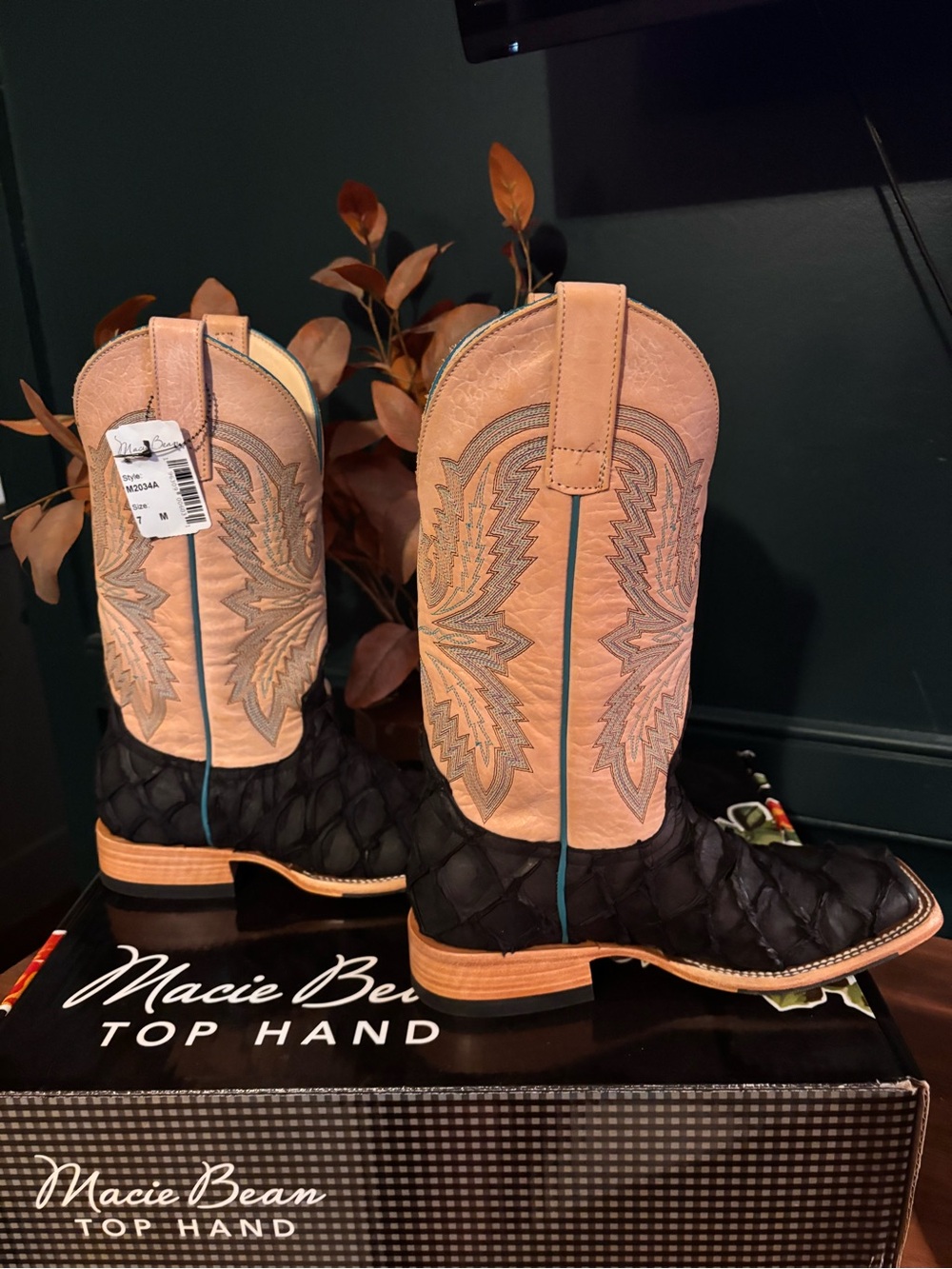 Macie Bean Two-Tone Western Boots — Black & Tan Exotic Amazonian Big Bass - Picture 6 of 15